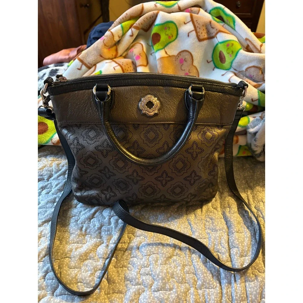 Brighton Metallic Pewter Perforated Leather Tote Crossbody Bag F356325‎